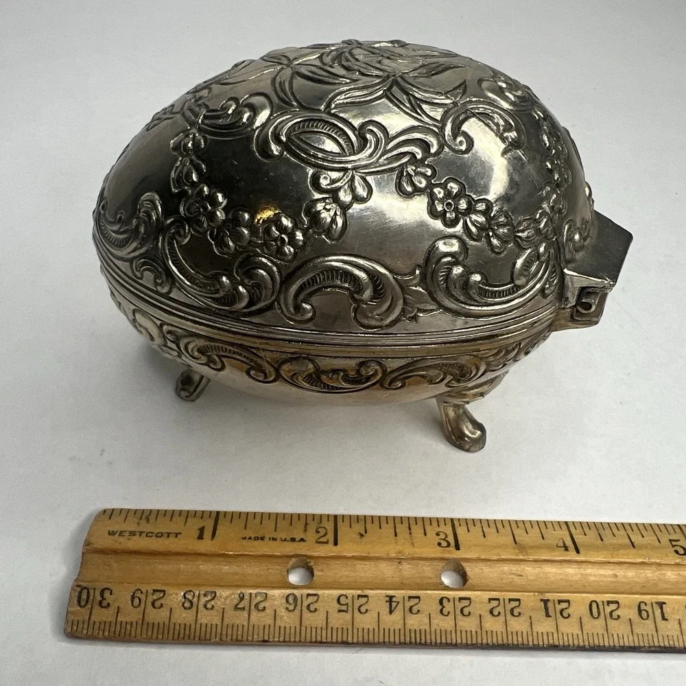 Vintage Jewelry Box Silver Egg Shaped Flowers Embossed Footed Trinket Box Velvet